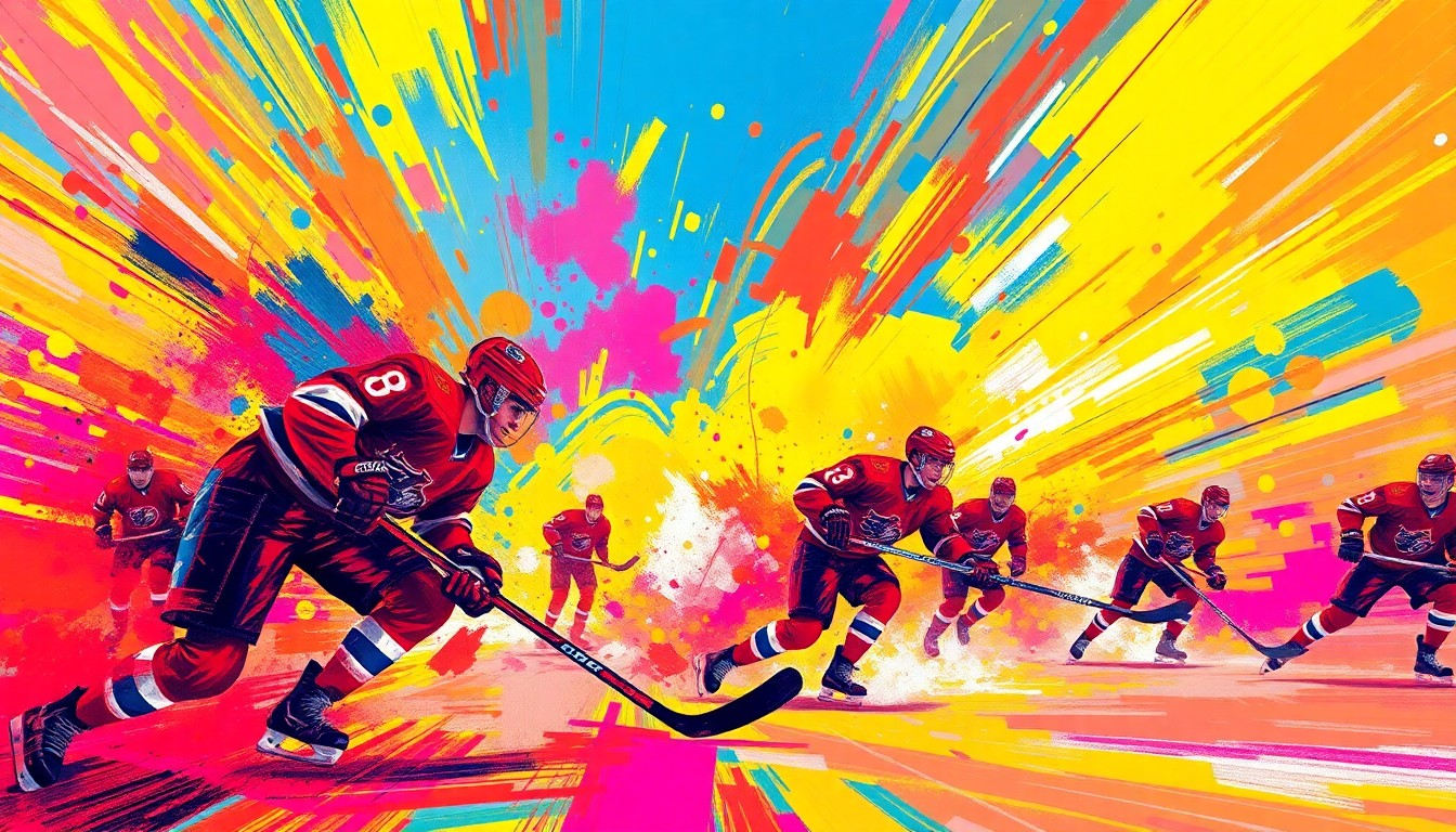 An abstract, neon-hued painting depicting the frenetic motion and energy of a hockey game, with players' forms blending into bold, expressive brushstrokes.