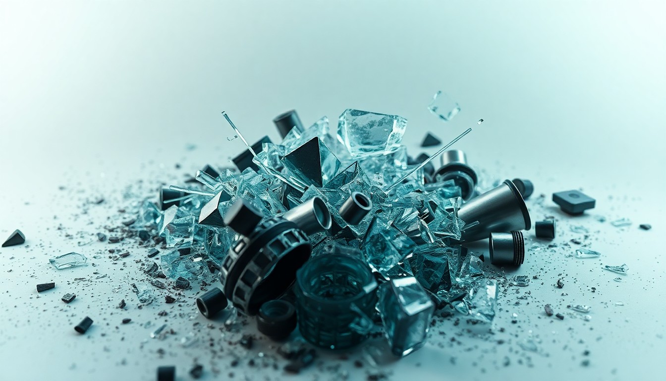 An abstract close-up image of shattered glass and metal debris, captured in dramatic high-contrast studio lighting to convey a sense of tragedy and the aftermath of a disturbing incident.