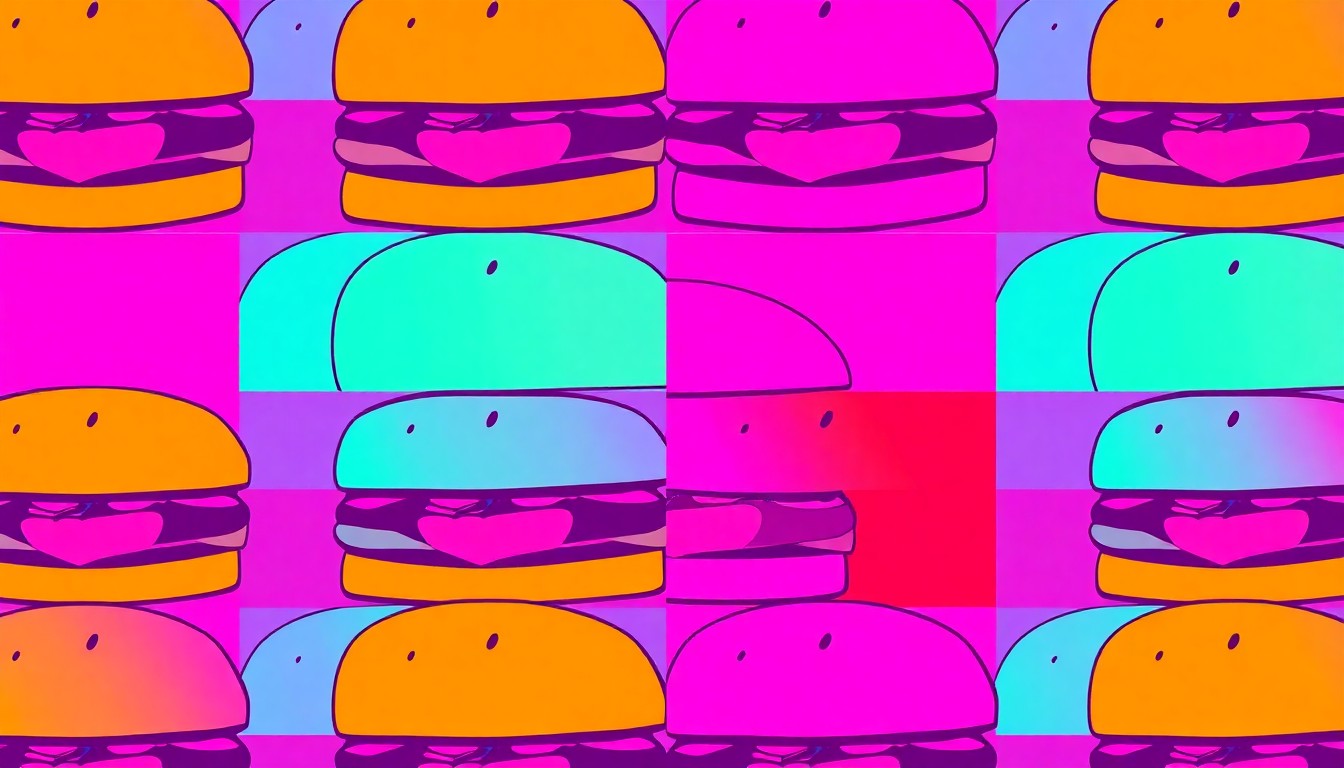 A vibrant, high-contrast silkscreen print featuring a repeated pattern of a single, iconic burger ingredient like a cheese slice or tomato, rendered in a bold, neon color palette that transforms the everyday into modern pop art.