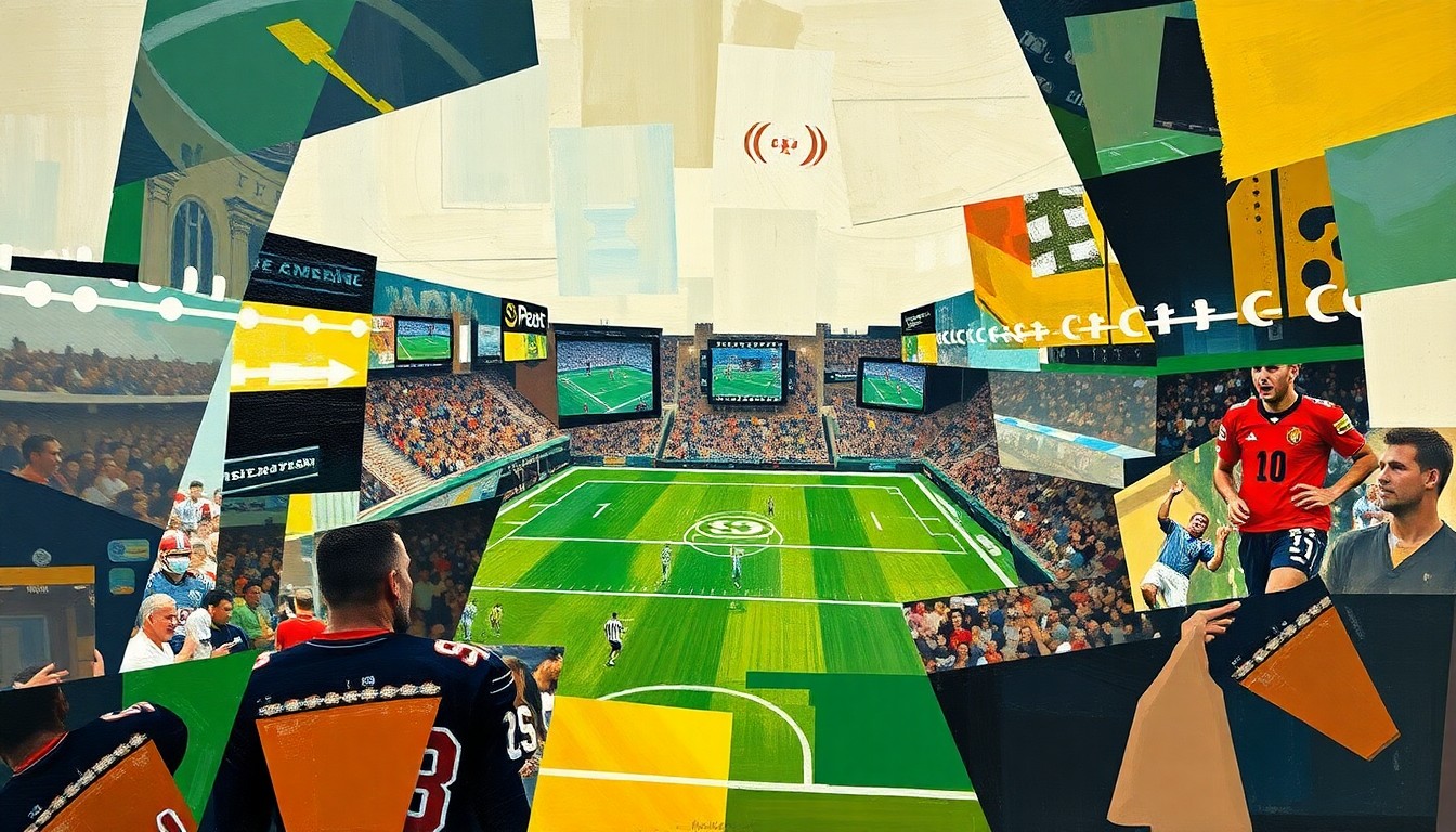 A fragmented, geometric painting depicting the movement and energy of a football game, with sharp planes of color and form representing the defensive players in action.