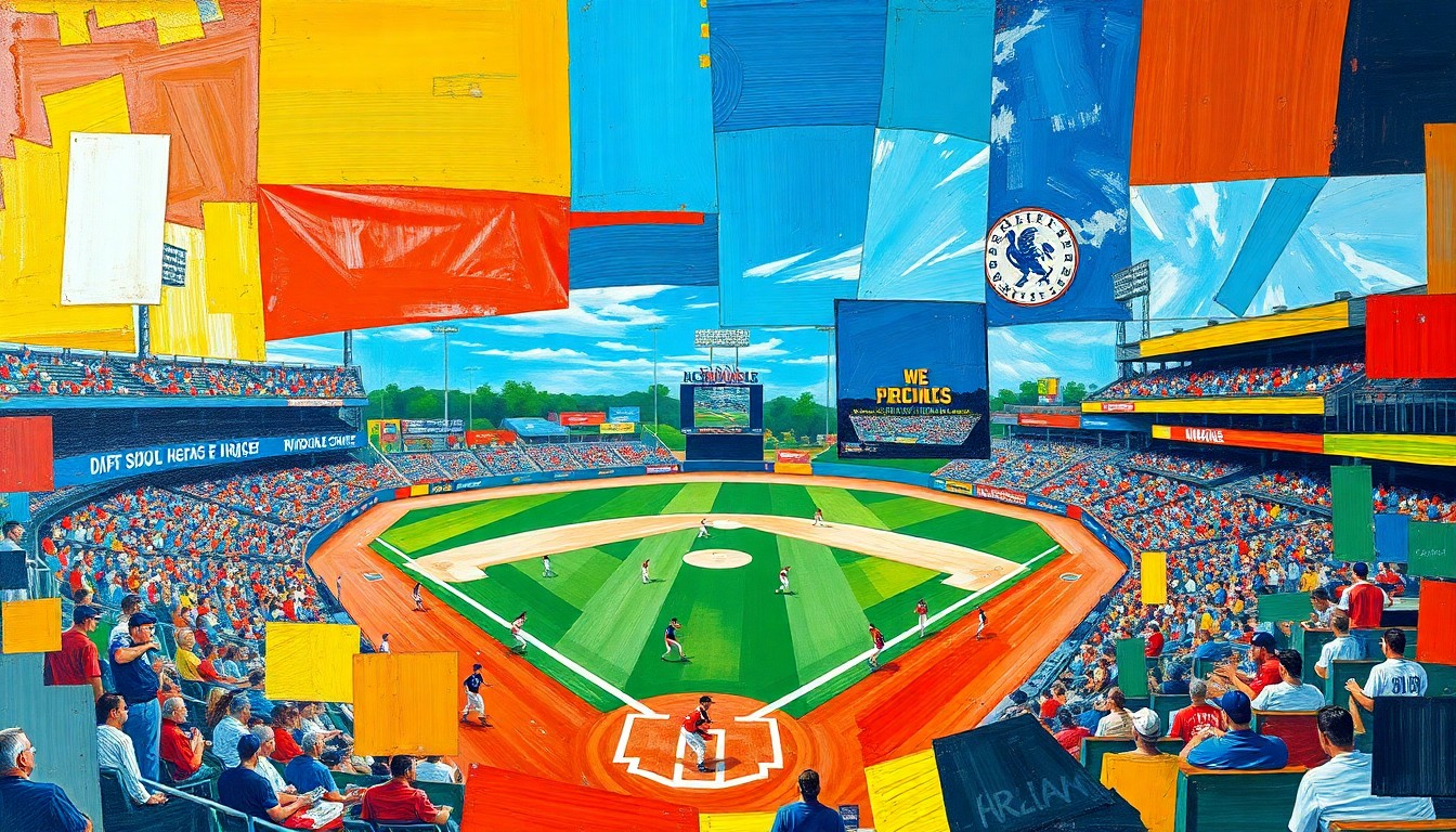 A cubist-style painting depicting a high school baseball game broken down into fragmented geometric shapes and planes of vibrant colors, conveying the competitive energy of the sport.