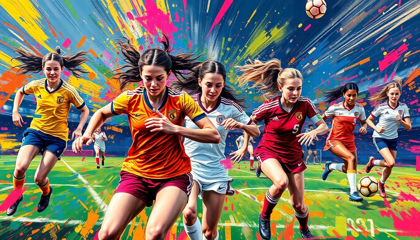 An abstract, expressionist painting in vibrant neon colors depicting the dynamic movement and raw athletic energy of a high school girls' soccer match, with players' forms dissolving into unrecognizable brushstrokes.