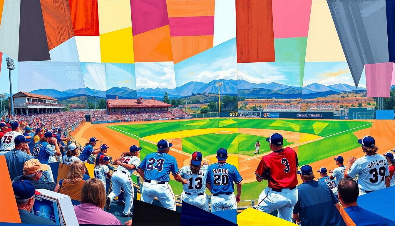 A cubist, geometric painting depicting the dynamic action of a high school baseball game, with the vibrant colors of the Salida Spartans' uniforms breaking down into overlapping planes of color and shape.