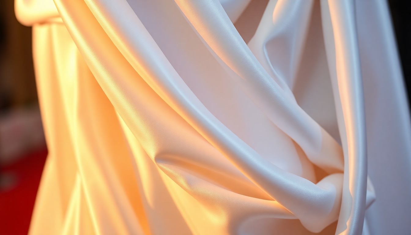 An extreme close-up photograph of intricately folded and draped white fabric, capturing the luxurious texture and high-contrast lighting of a formal gown or suit. The image has a glitzy, high-fashion aesthetic that evokes the glamour of a red carpet event, without showing any faces, people, or identifiable locations.