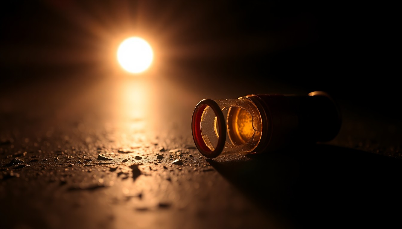 An extreme close-up of a spent shell casing reflecting a bright flash of light, conceptually representing the aftermath of a firearm discharge.