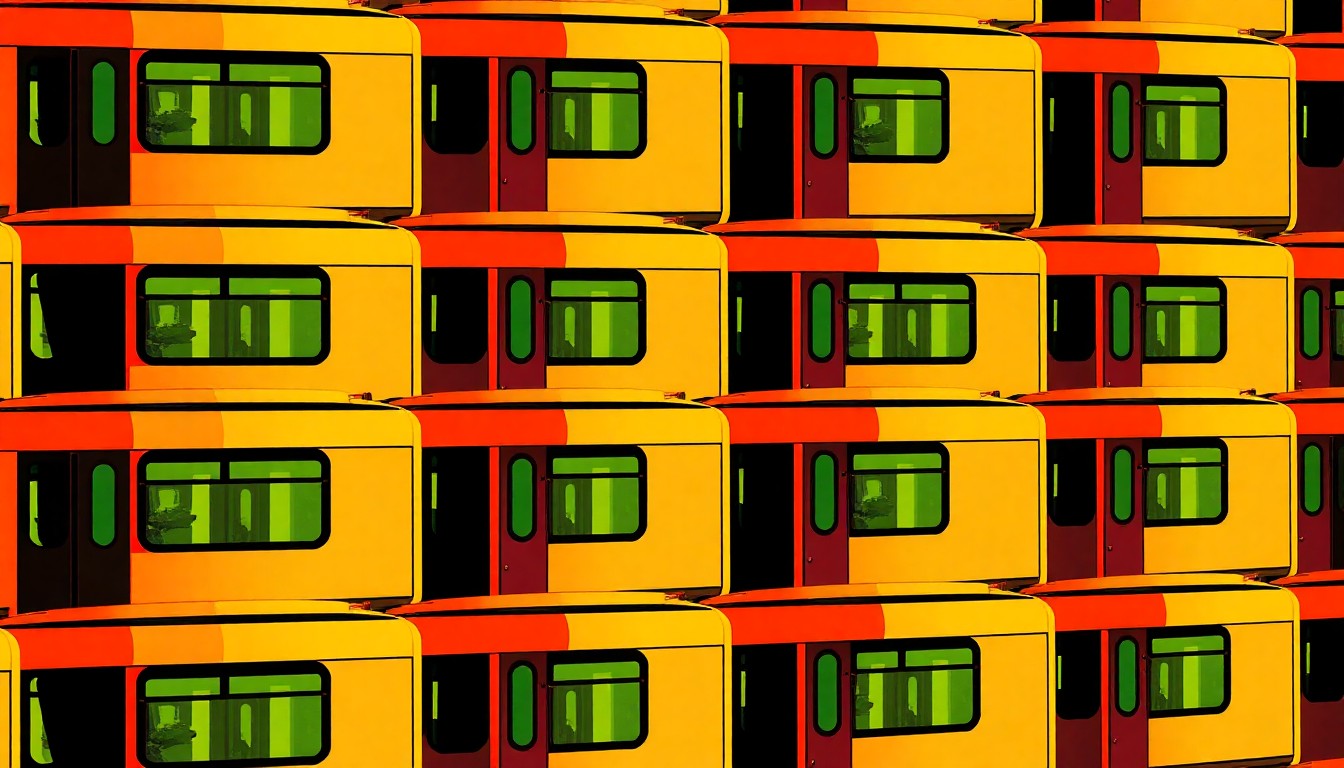 A bold, colorful silkscreen-style illustration featuring a repeating pattern of a Metro train car in vibrant neon hues, conceptually representing the iconic transit system's milestone anniversary and continued importance to the Washington, D.C. metropolitan area.