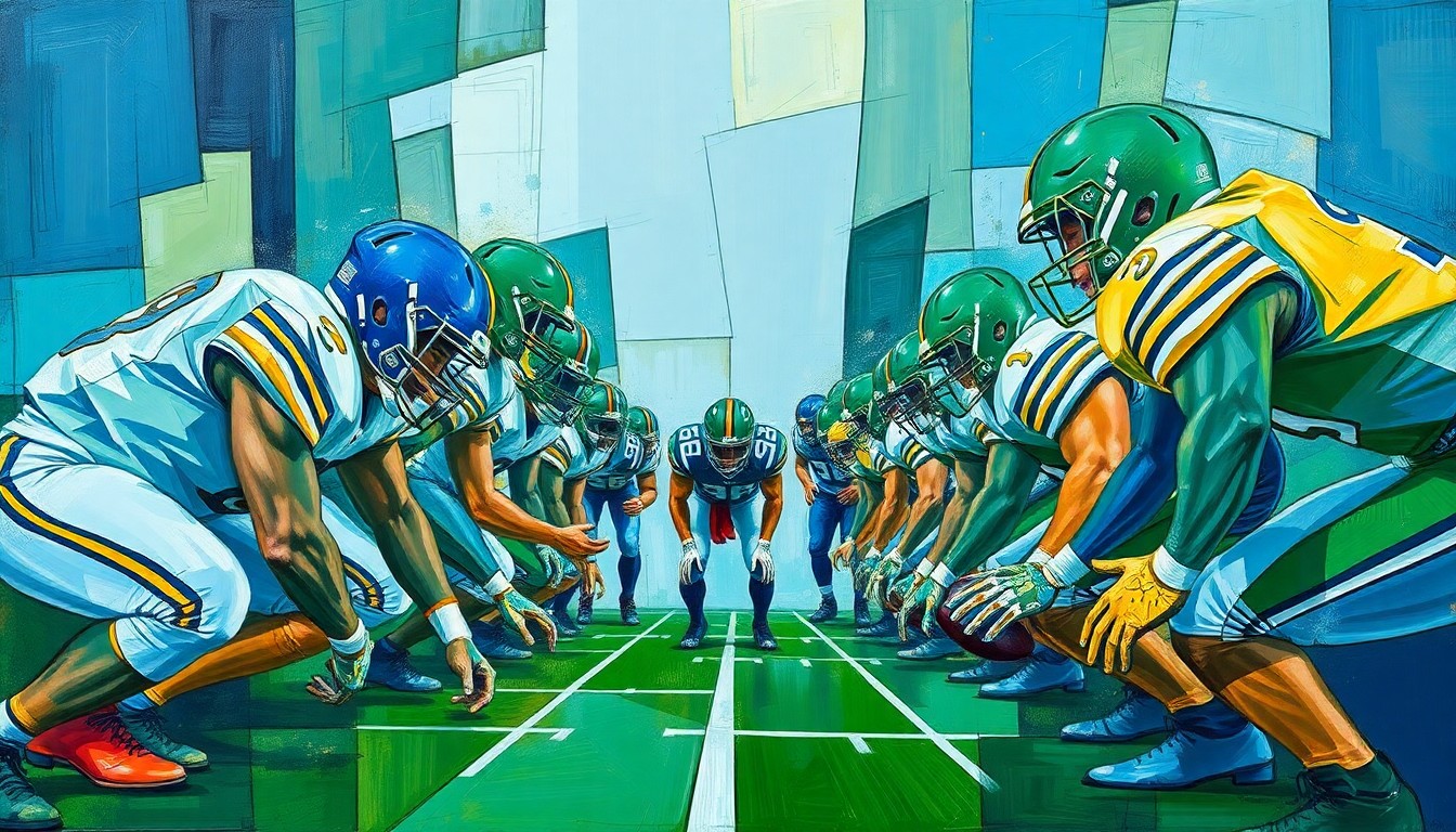 A fragmented, cubist-style painting depicting the abstract shapes and angles of an offensive line, conveying the conceptual idea of a position change on the offensive line.