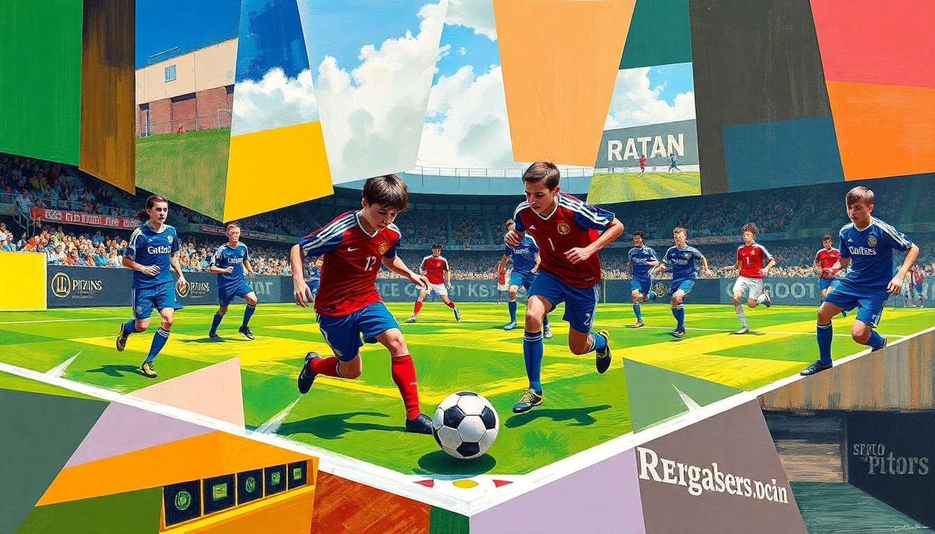 A fragmented, geometric painting depicting the dynamic movements and competing forces of a high school soccer match, with the vibrant colors of the teams' uniforms breaking apart and overlapping across the field.