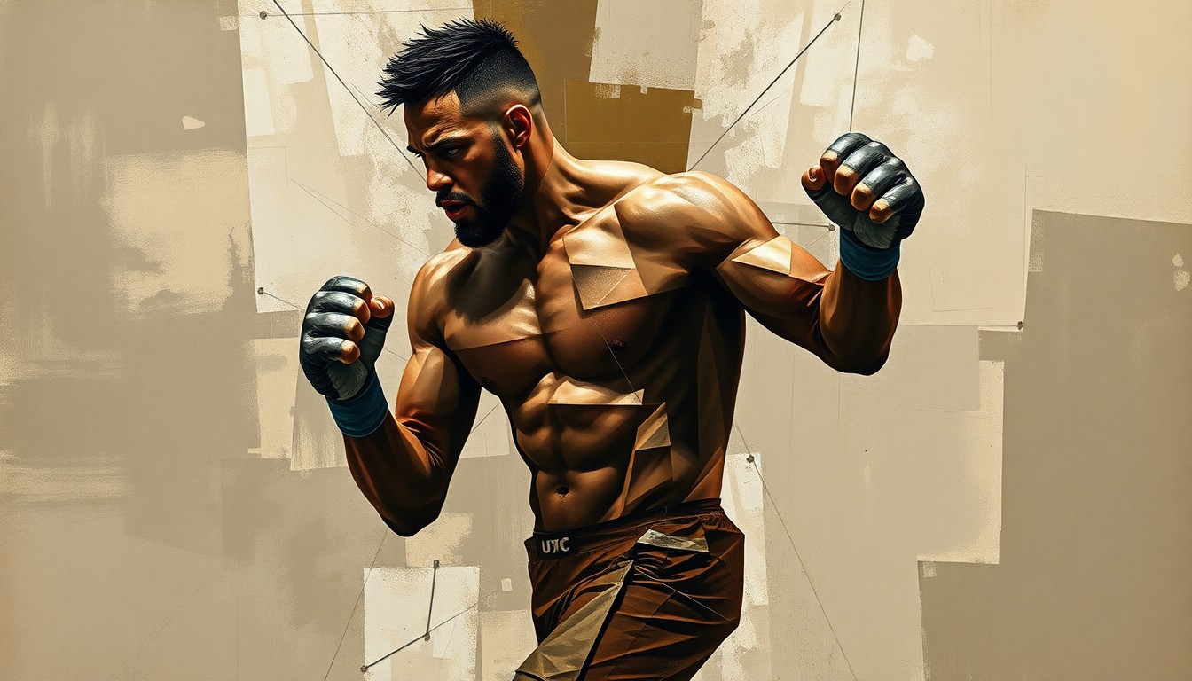 A cubist-style painting featuring overlapping geometric shapes in muted earth tones, conceptually representing the physical demands of a long MMA career.