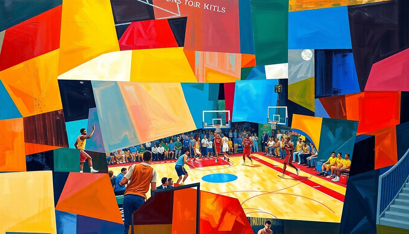 A cubist, geometric painting in bright team colors depicting the dynamic motion and energy of a basketball game, conceptually representing the Atlanta Hawks' sustained success.