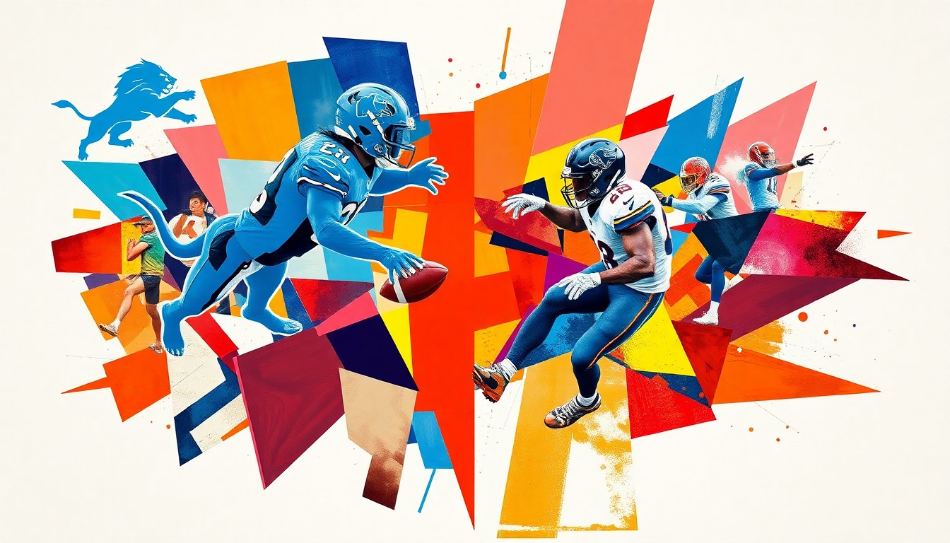A cubist, geometric painting depicting a fragmented football game, using the official colors of the Detroit Lions to represent the team's focus on preseason preparation.
