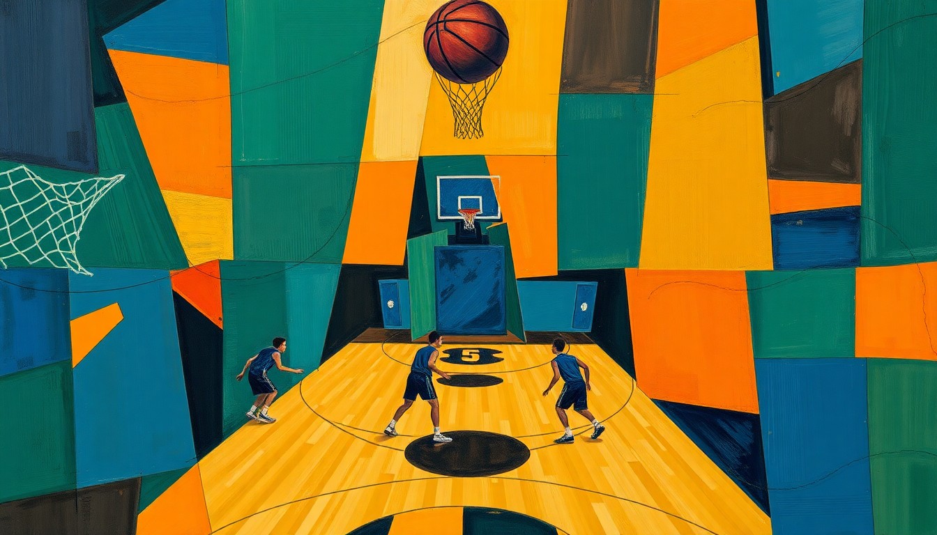 A cubist, geometric painting depicting a high school basketball game, with overlapping planes of navy, green, and orange conveying the dynamic movement and intensity of the sport.