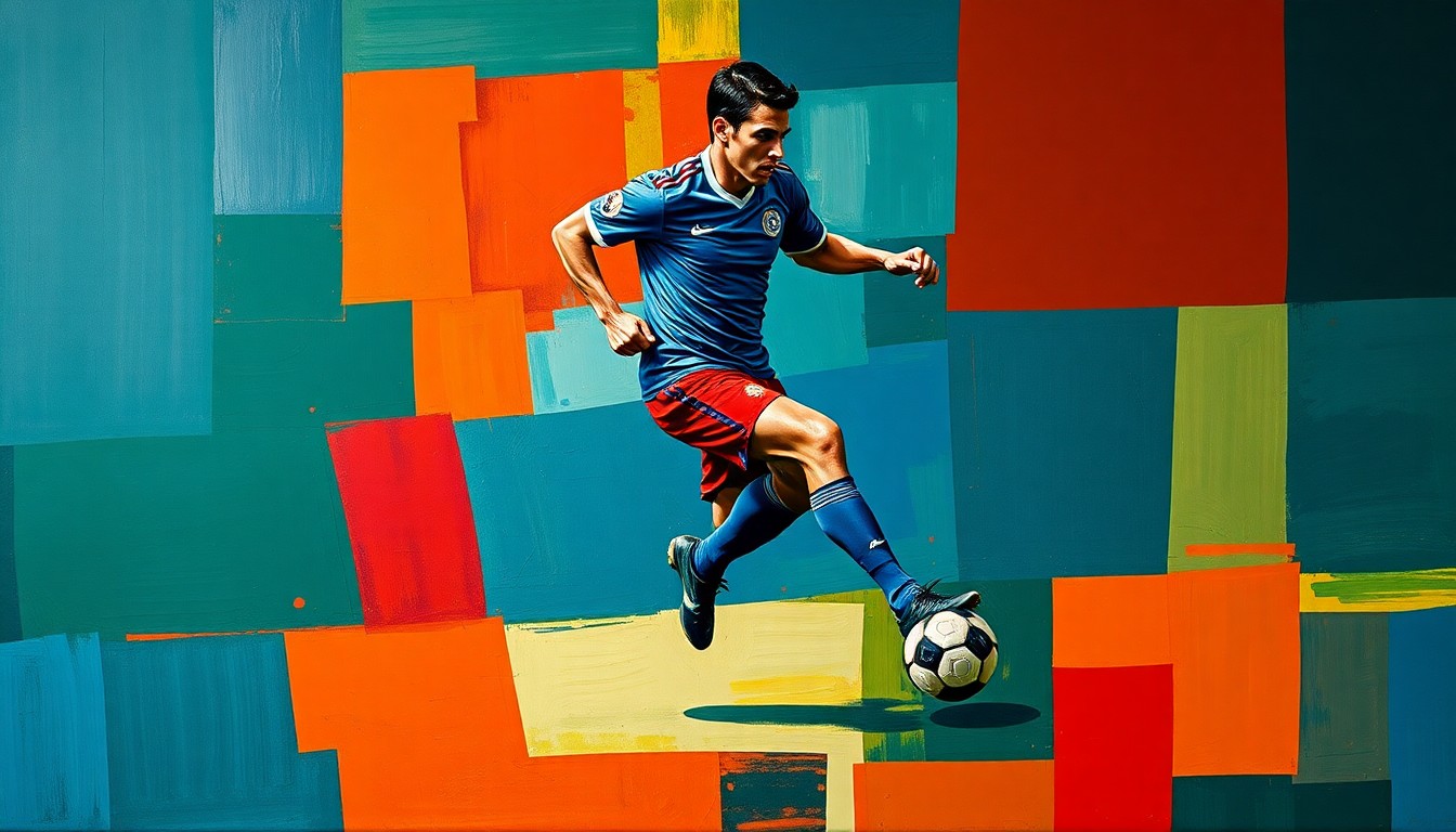 A cubist-style painting depicting a soccer player in mid-stride, their body and movement broken down into sharp, overlapping geometric planes in a palette of deep blues, greens, and reds, conceptually representing the journey and determination of a young refugee athlete.