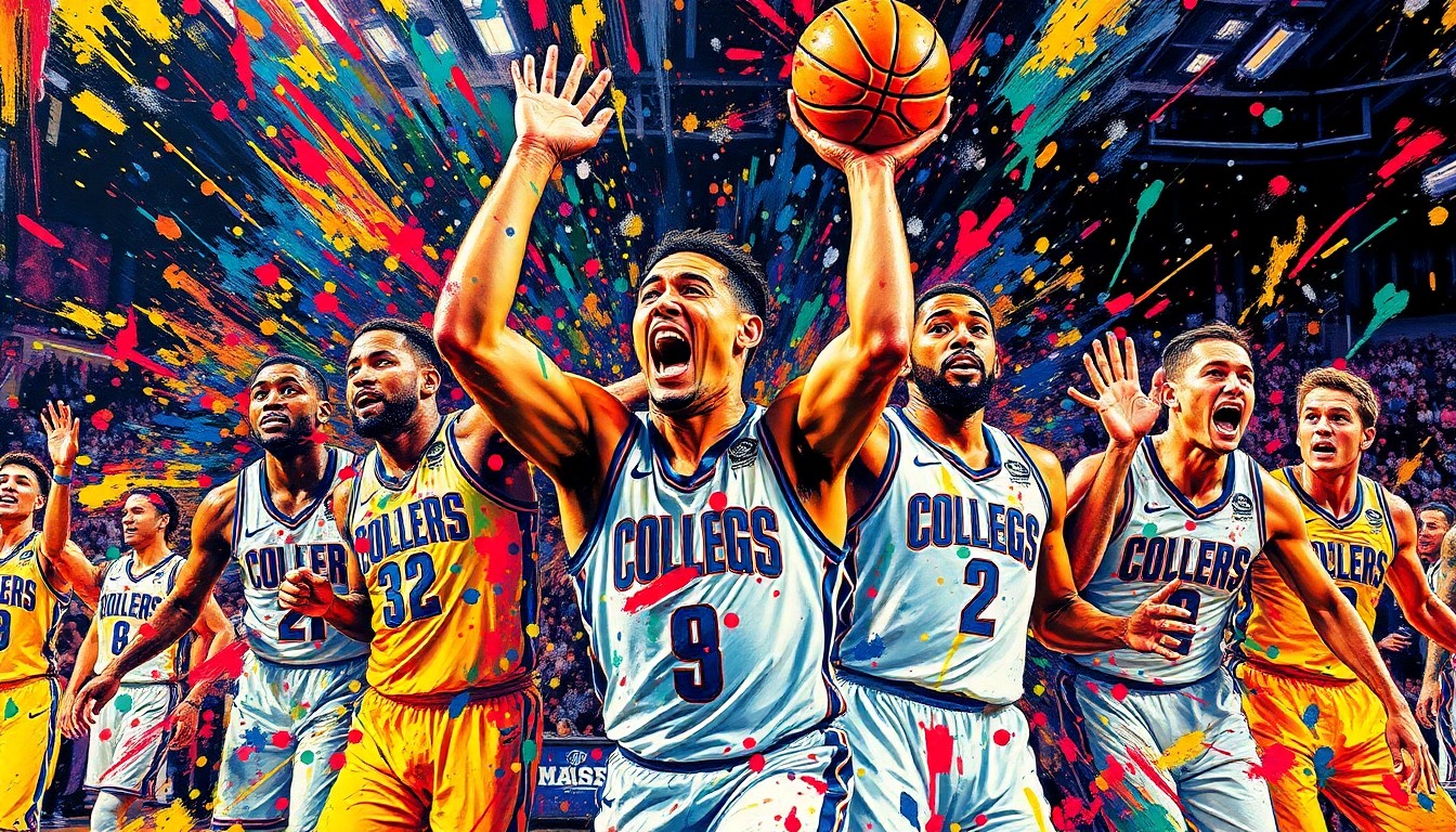 An abstract, expressionist painting in neon colors featuring rapid brushstrokes and dissolving figures, conveying the raw excitement and passion of a college basketball team's deep tournament run.