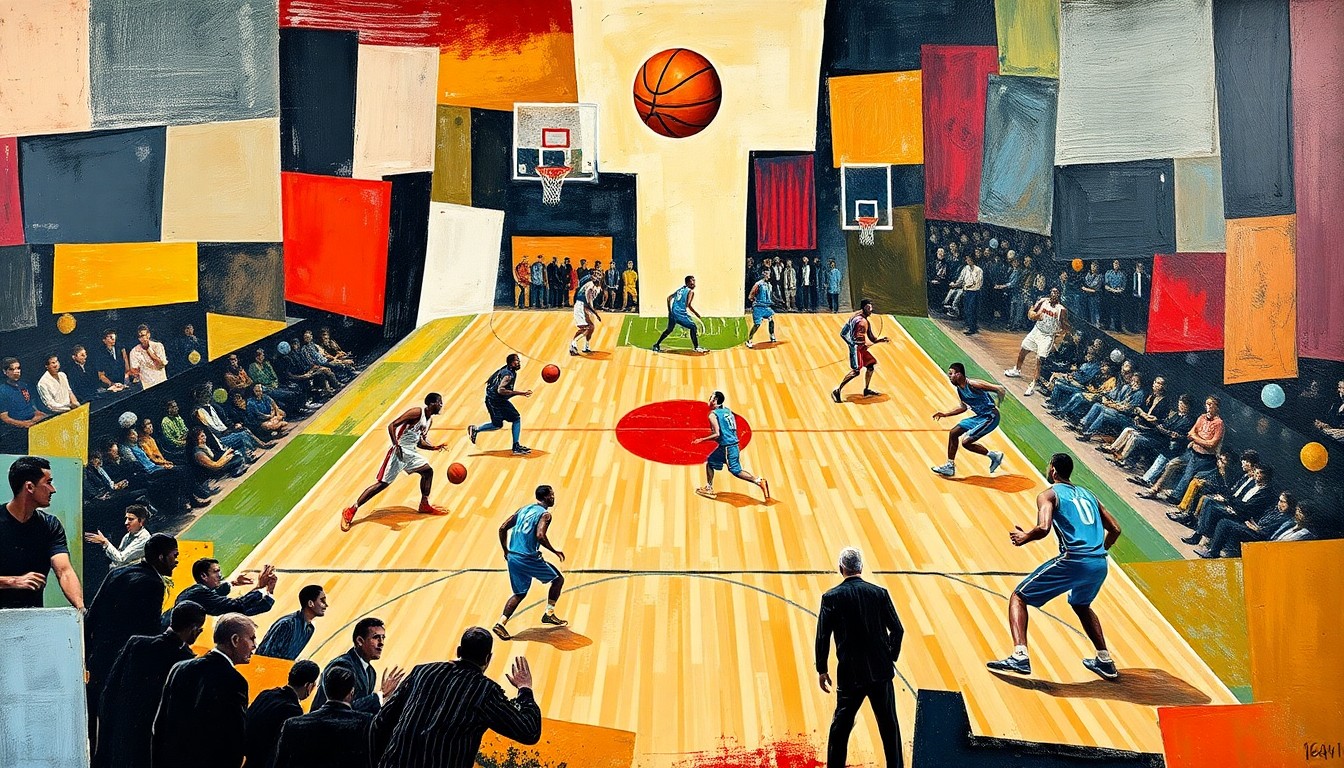A cubist, geometric painting depicting the dynamic movements and energy of a basketball game, with the players and court rendered in a fractured, multi-perspective style.