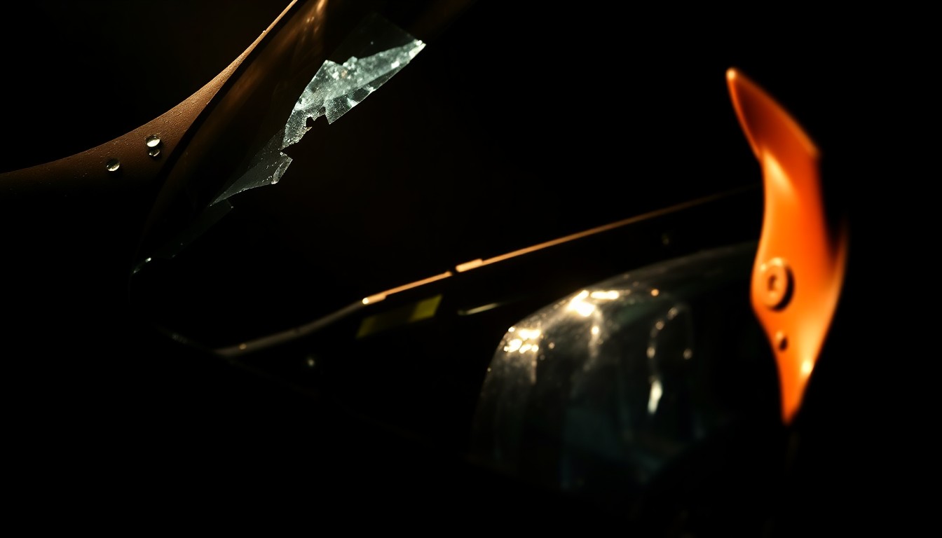 An extreme close-up photograph of a car's crushed metal frame and shattered glass, lit by a harsh camera flash against a pitch-black background, conveying the sudden, gritty aftermath of a fatal crash without depicting any blood, victims, or violence.