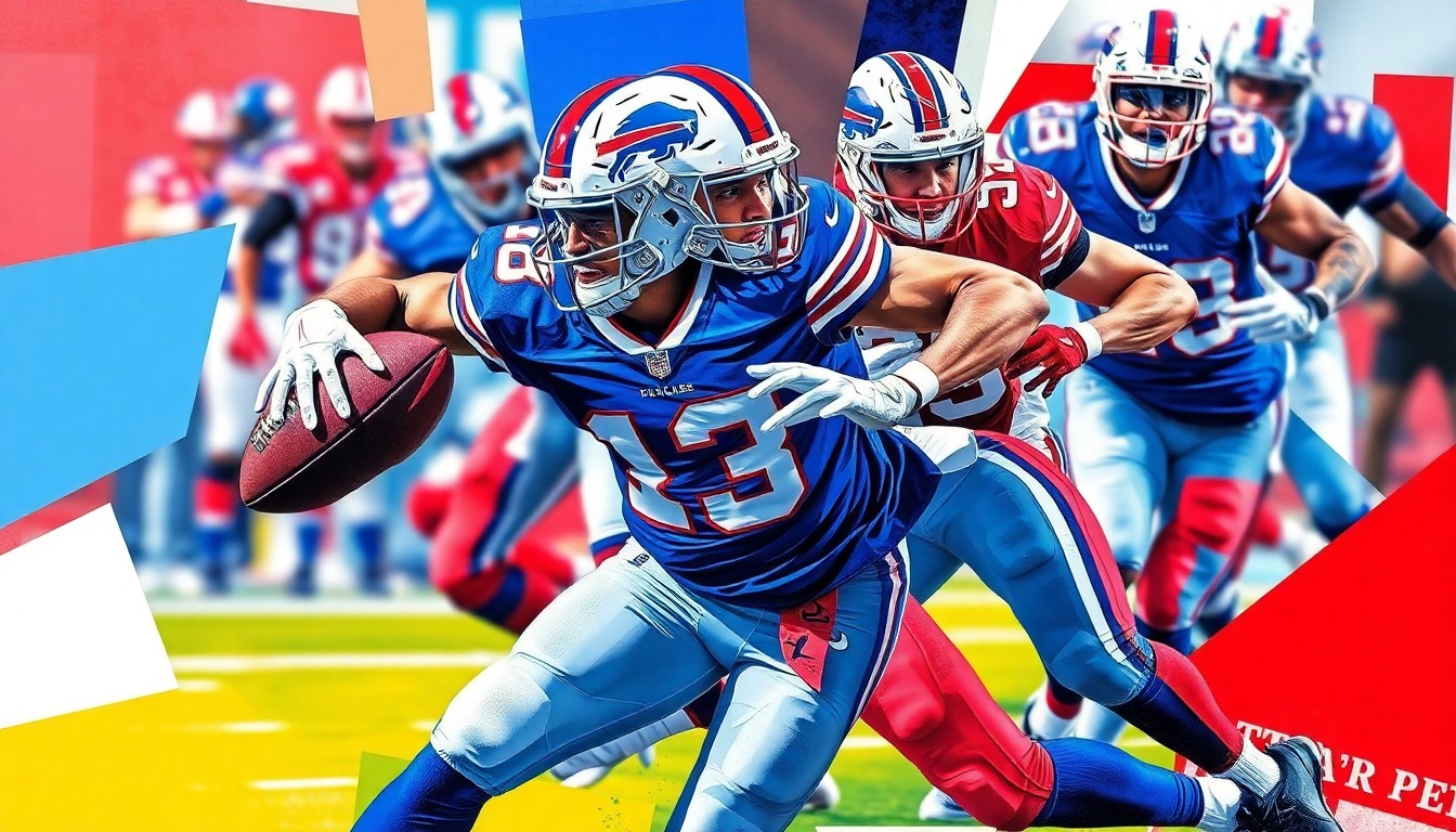 A fractured, geometric painting depicting the explosive movements of a football player in the style of Pablo Picasso, using the Buffalo Bills' team colors.