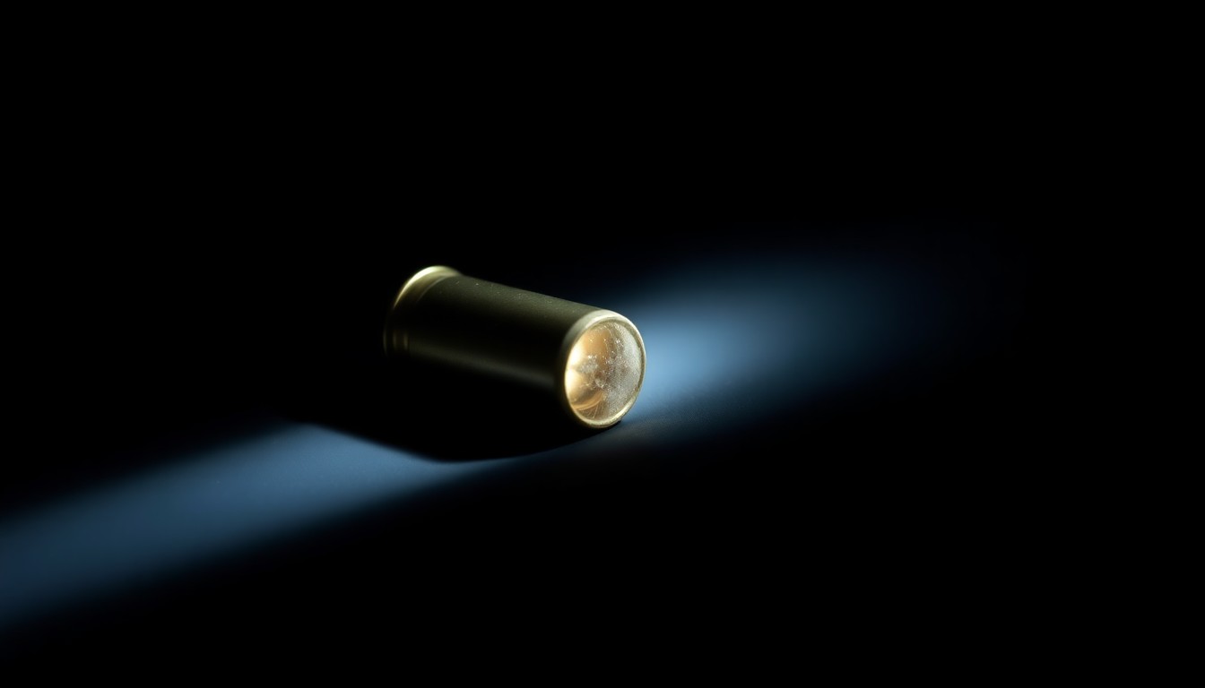 An extreme close-up photograph of a bullet casing or other small piece of physical evidence from the crime scene, lit by a harsh, direct camera flash against a pitch-black background, conveying the stark, investigative nature of the incident.