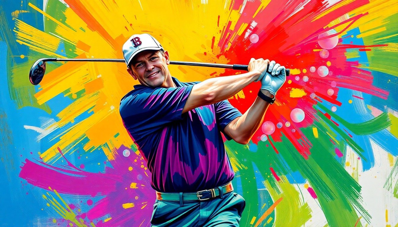 An abstract, energetic painting using bold, neon-like brushstrokes to depict the dynamic motion and power of a golf swing, conveying the excitement and opportunity of the Valero Texas Open qualifier.