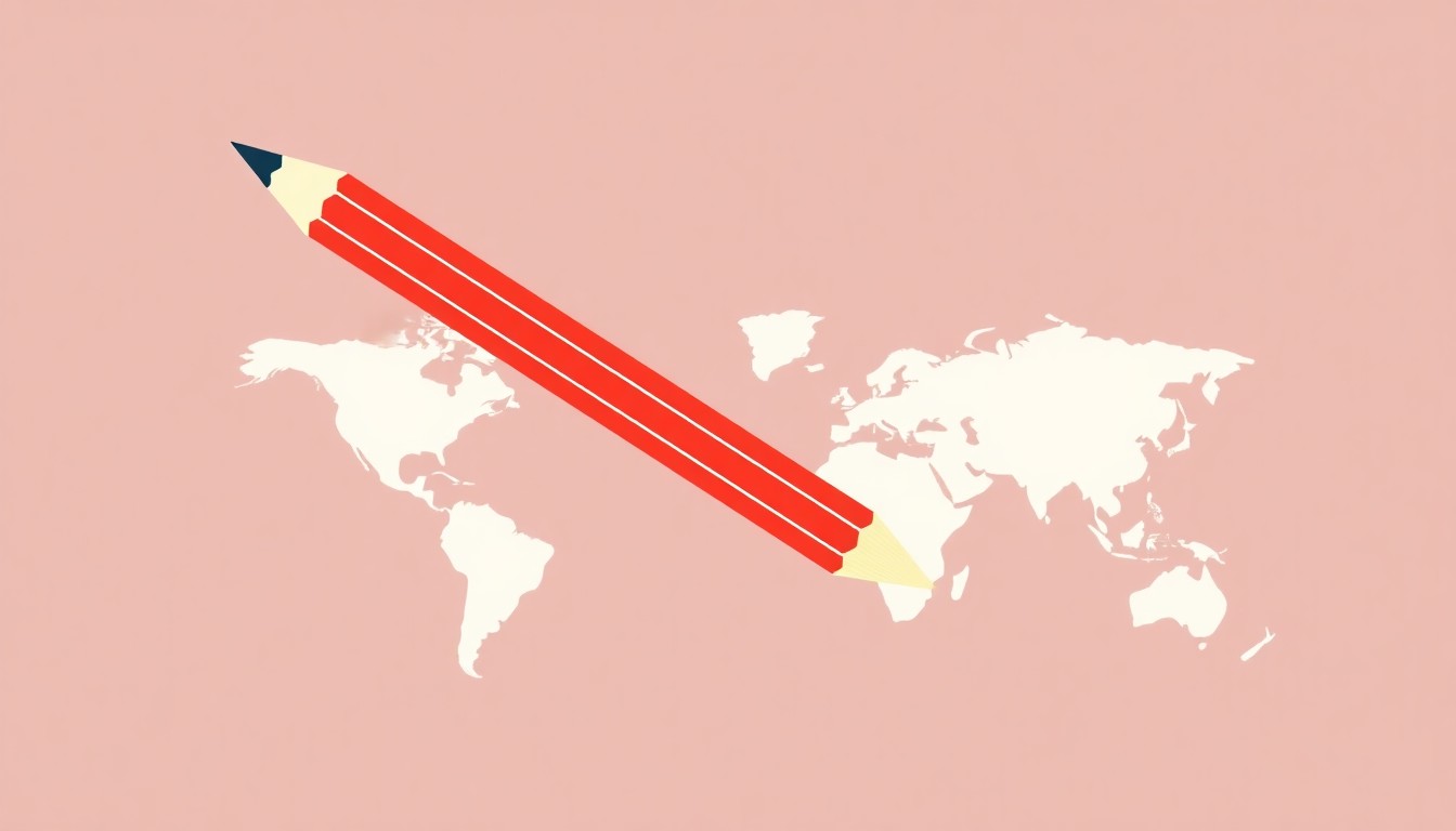 A vibrant abstract illustration composed of primary-colored triangles, rectangles, and circles, conceptually representing the complex economic forces and international cooperation required to manufacture a pencil.