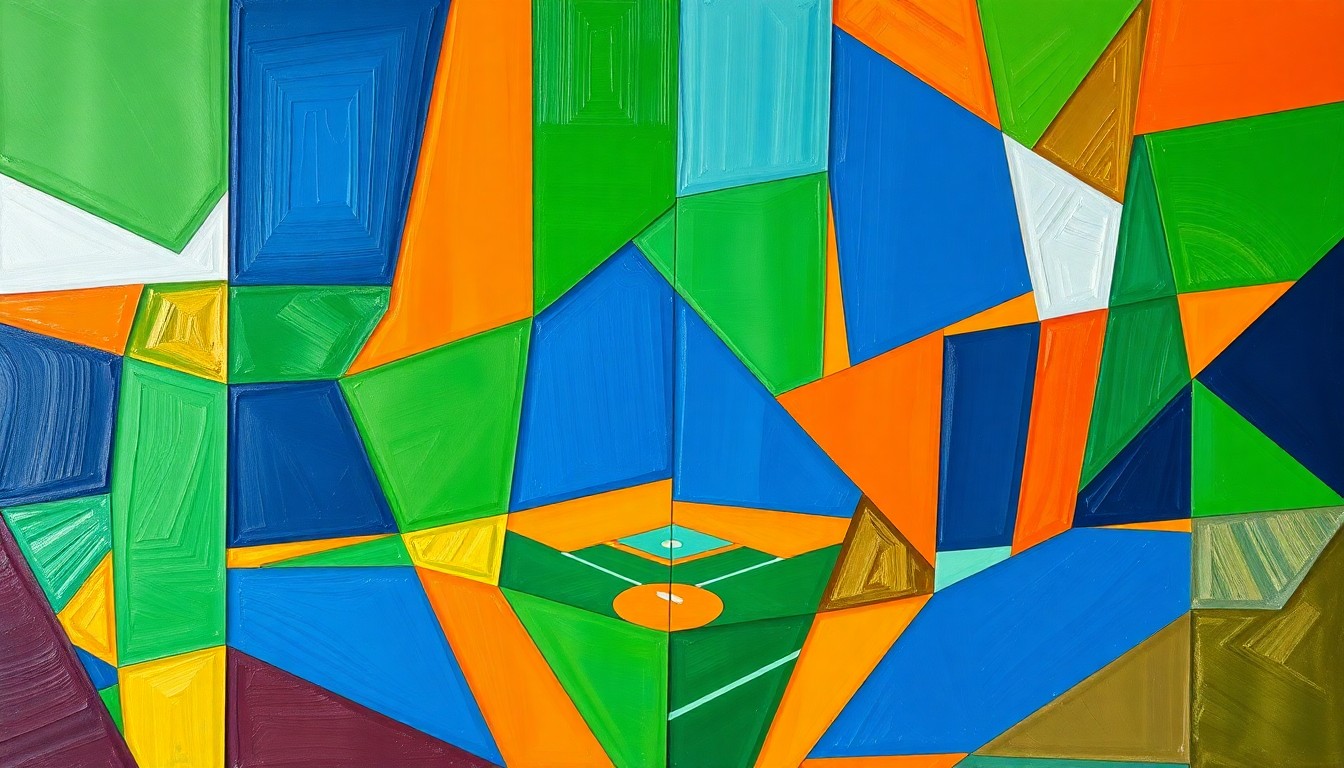 A cubist-style painting depicting a high school baseball game broken down into sharp, overlapping geometric shapes in vibrant colors, conveying the raw energy and potential of the young pitcher's dominant outing.