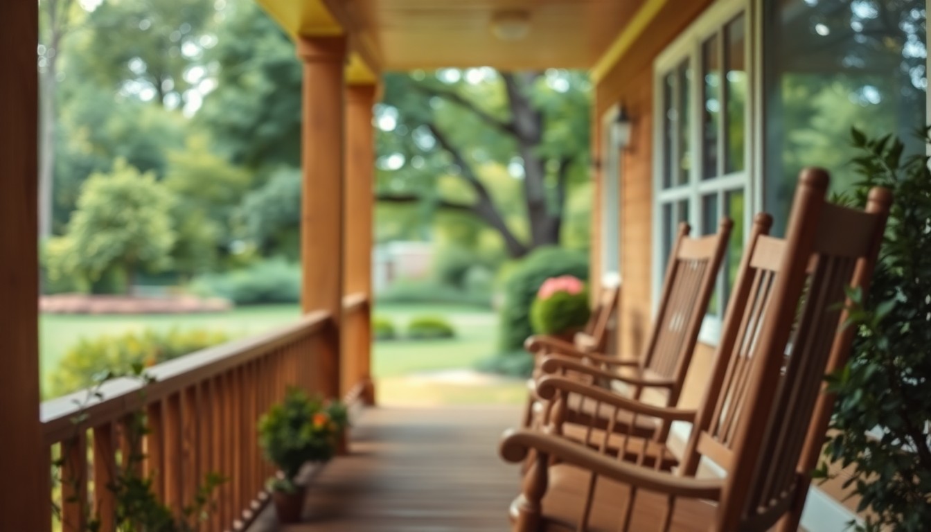 An extremely abstracted, out-of-focus photograph of a cozy porch with rocking chairs, surrounded by greenery and warm, diffused light, conceptually representing the peaceful, rustic charm of a contemporary country home.