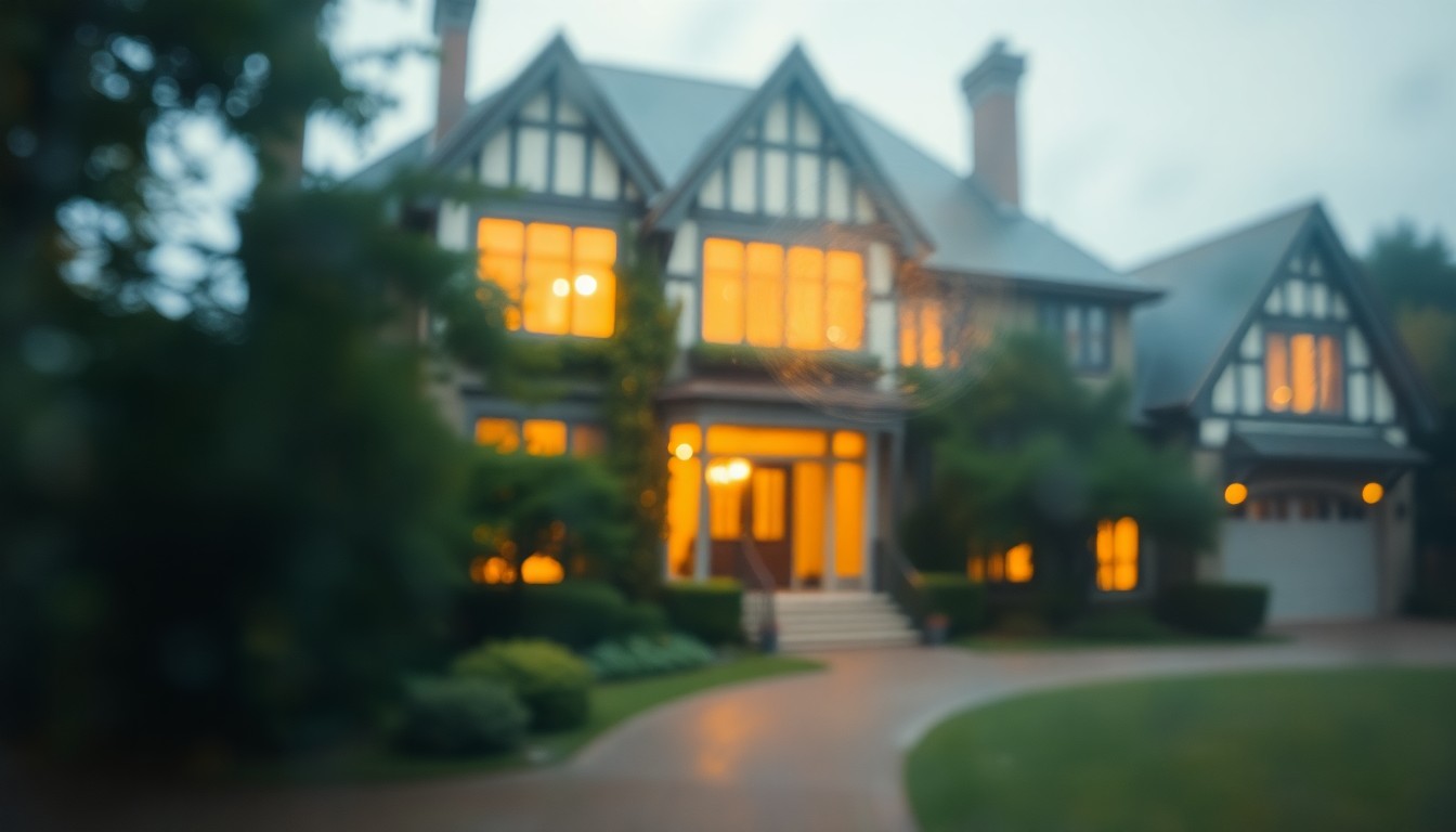 An impressionistic, out-of-focus image of a stately Tudor-style home surrounded by greenery, with warm lighting creating soft, hazy pools of color and texture.