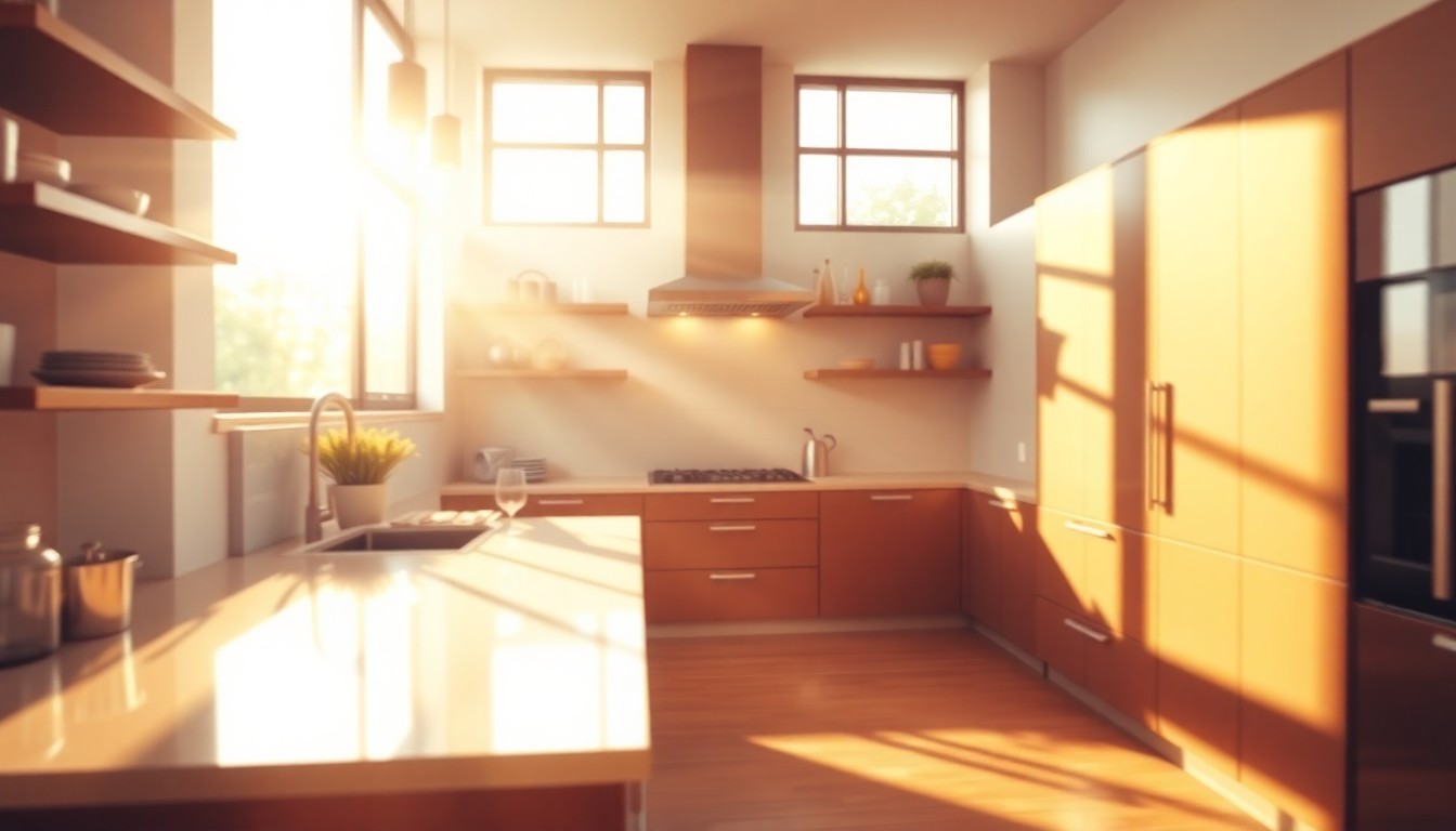 An abstract, impressionistic photograph in soft, warm tones depicting the interior of a bright, airy kitchen with blurred details, conveying a sense of elegance and comfort.