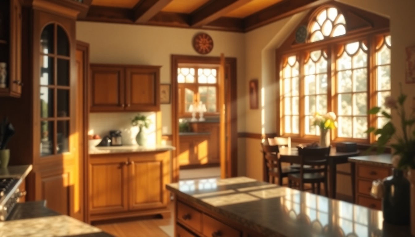 An extremely abstracted, out-of-focus photograph of a warm, sun-filled kitchen with wood tones, granite countertops, and a glimpse of a dining area, conveying the inviting atmosphere of a classic Tudor home.