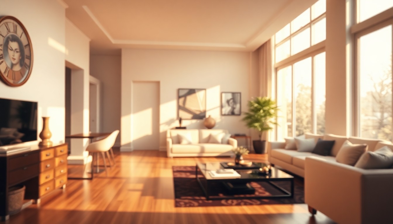 An abstract, out-of-focus photograph in soft, warm tones depicting the interior of a modern, high-end townhouse with hardwood floors, plush furnishings, and natural light filtering through large windows, conceptually representing the luxurious living experience.