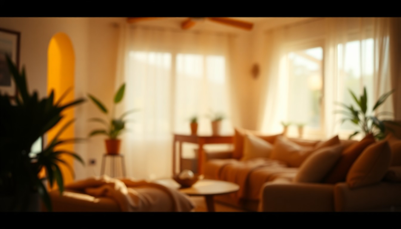 An abstract, blurred photograph in soft, warm tones depicting the cozy interior of a living space with hints of lifestyle details like a potted plant and natural light, conceptually representing the inviting atmosphere of a maintenance-free townhome community.