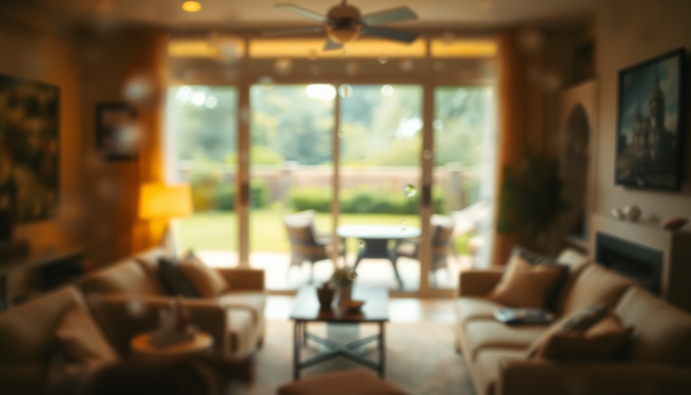 An extremely blurred, dreamlike scene of a cozy living room with soft pools of warm light and muted colors, hinting at a private patio and green space beyond the rain-streaked glass, conceptually representing the balance of personal and community living in this Bardonia townhome.