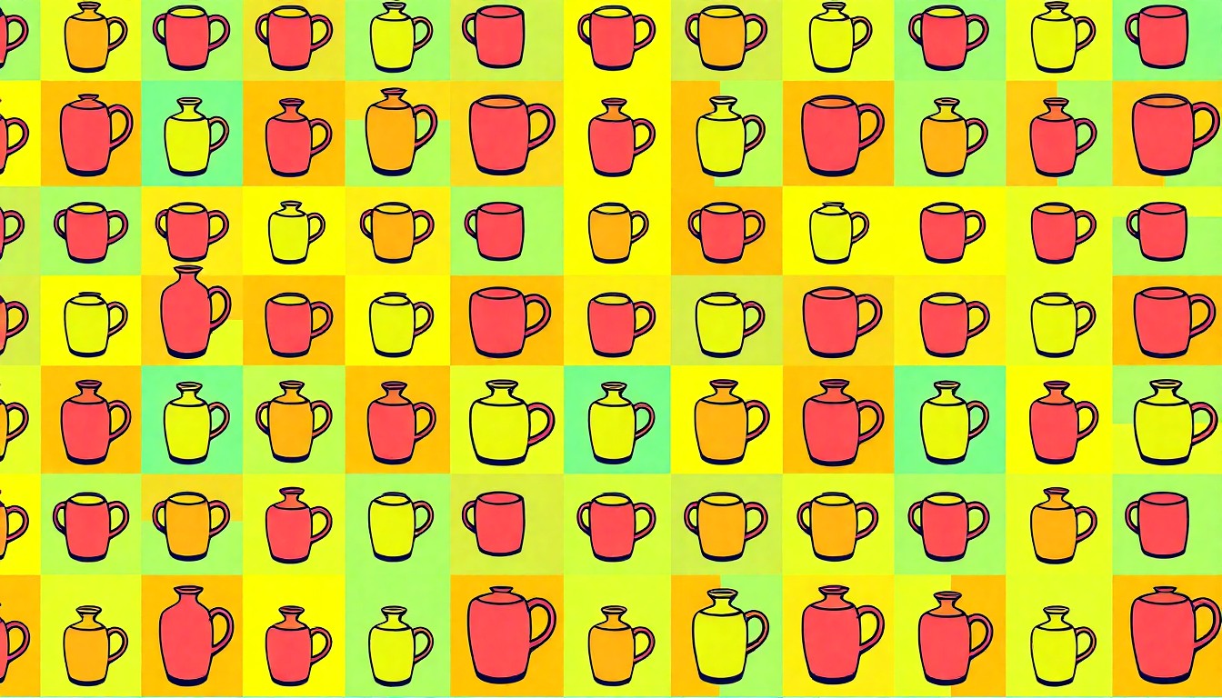 A brightly colored, high-contrast silkscreen print of a single, iconic household object repeated in a tight grid pattern, capturing the modern, stylish aesthetic of the Hartsdale home.