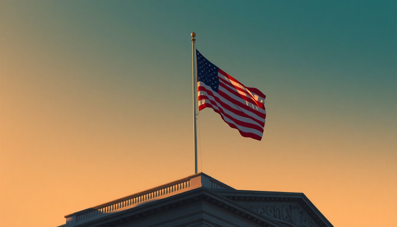 A close-up view of an American flag hanging at half-staff on a government building, with the flag's fabric and shadows creating a moody, cinematic atmosphere.