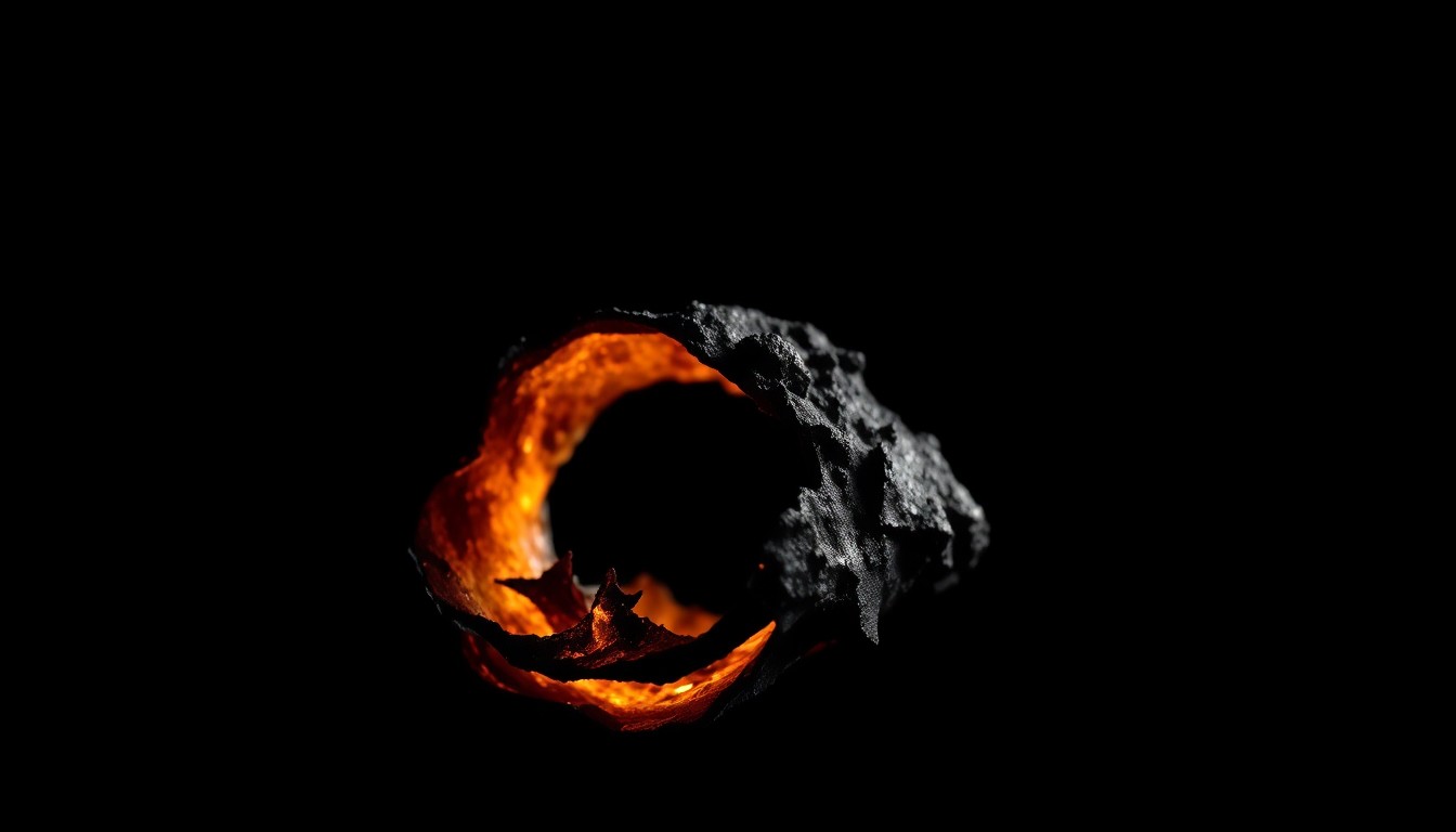 An extreme close-up photograph of a charred, twisted piece of metal debris from a fire, lit by a harsh, direct camera flash against a pitch-black background, conveying a stark, gritty, investigative aesthetic.