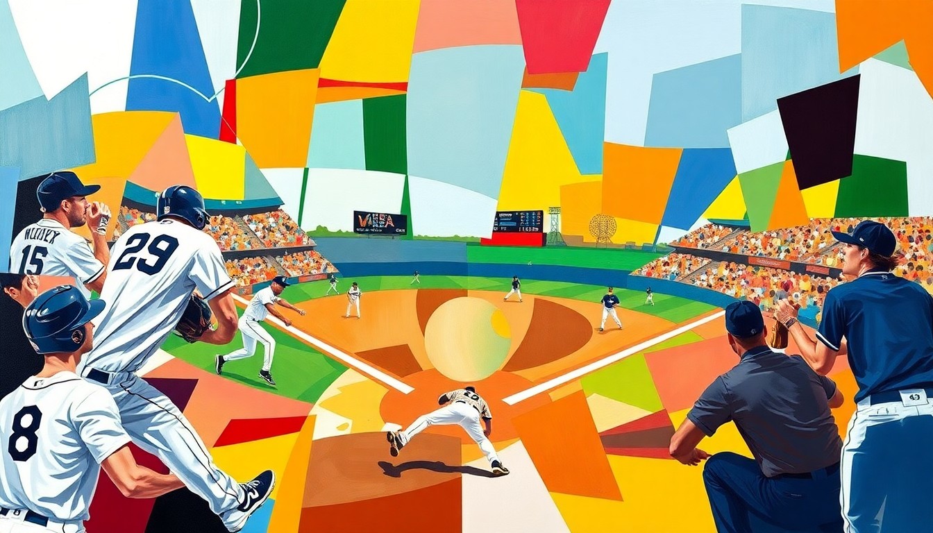 A cubist-style painting featuring overlapping geometric shapes in bright colors representing baseball players in action, conveying the White Sox's offensive challenges against the Brewers despite the strong start by new slugger Murakami.