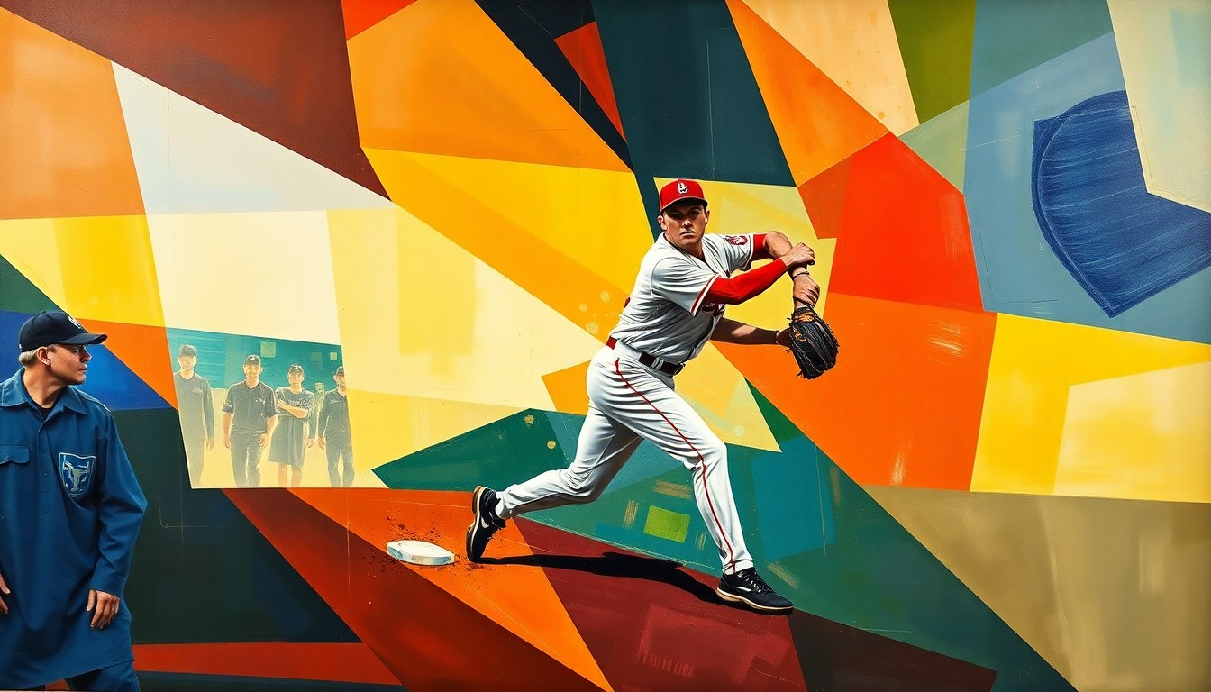 A fragmented, geometric painting depicting an outfielder in motion, with their body and movements broken down into sharp, overlapping planes of color, conveying the challenges of defensive development in professional baseball.