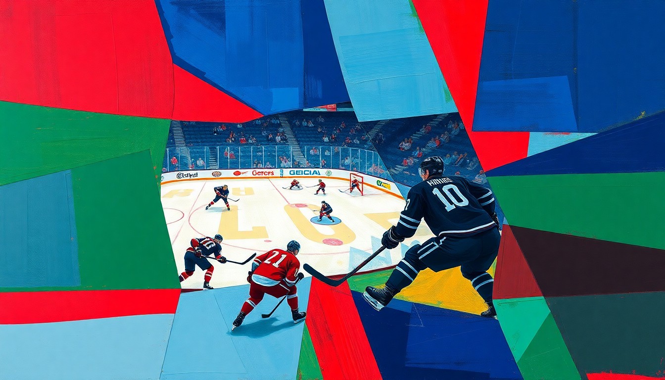 A cubist-style painting depicting a hockey player in motion, broken down into sharp, overlapping geometric shapes in deep blues, reds, and greens, capturing the dynamic energy of the sport.