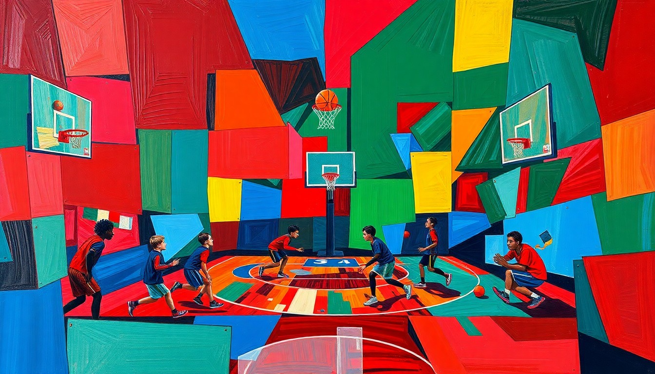 A cubist, geometric painting depicting an abstract basketball game, with sharp planes of color and overlapping perspectives conveying the energy and competition of the event.