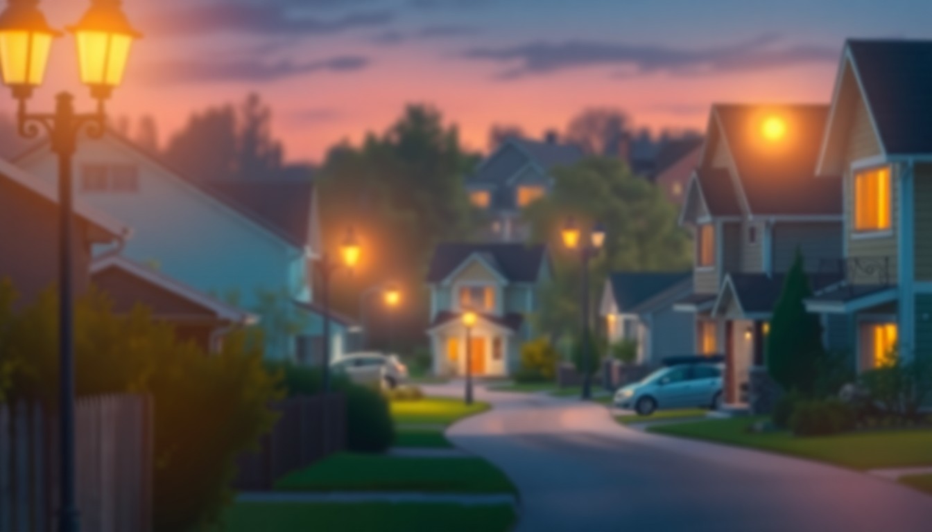 An abstract, out-of-focus photograph of a residential neighborhood at dusk, with warm pools of light from streetlamps and homes creating a cozy, inviting atmosphere that conveys a sense of community and stability.