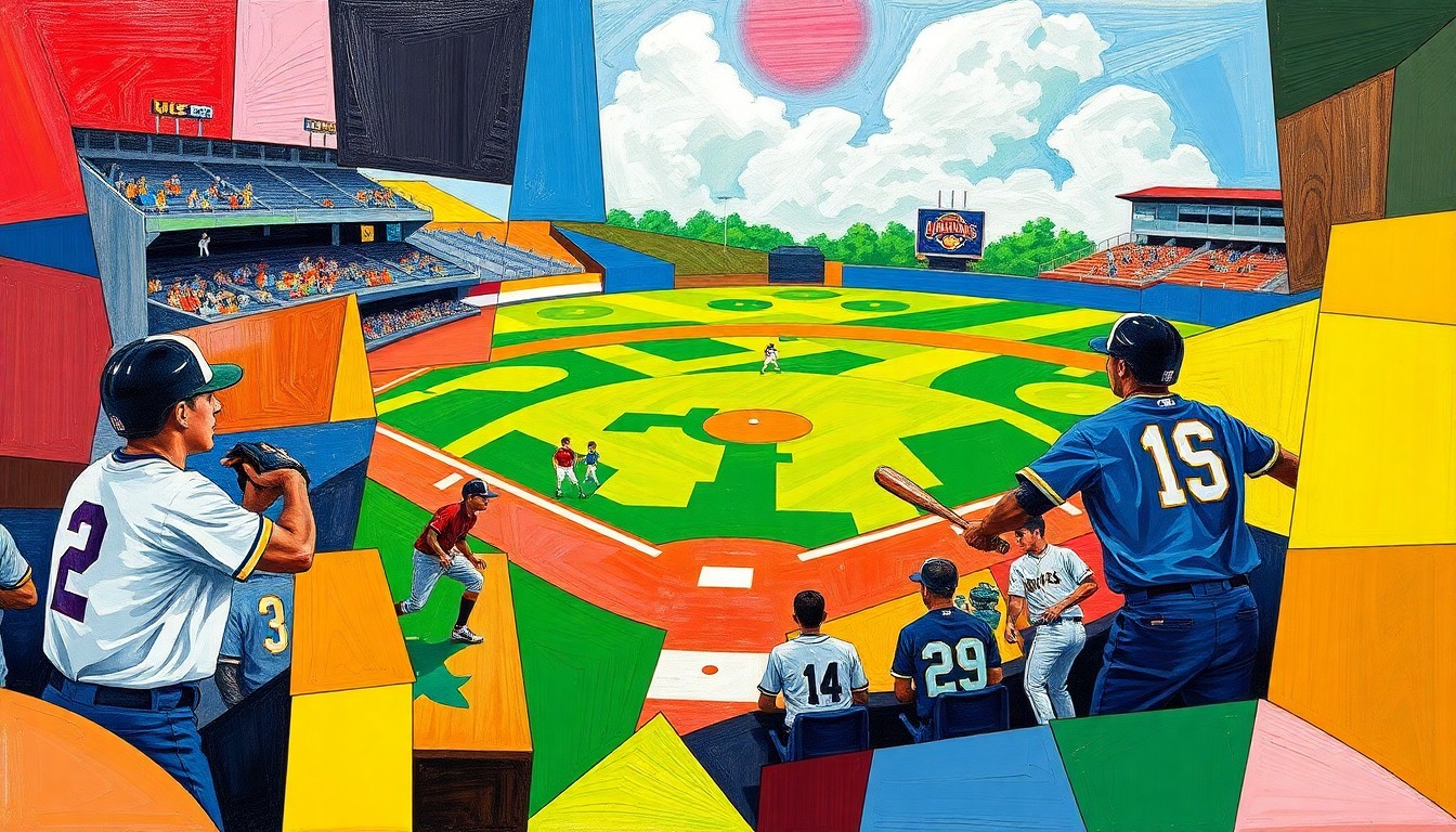 A fractured, geometric painting depicting the dynamic action of a high school baseball game, with sharp planes of color representing the players, field, and crowd.