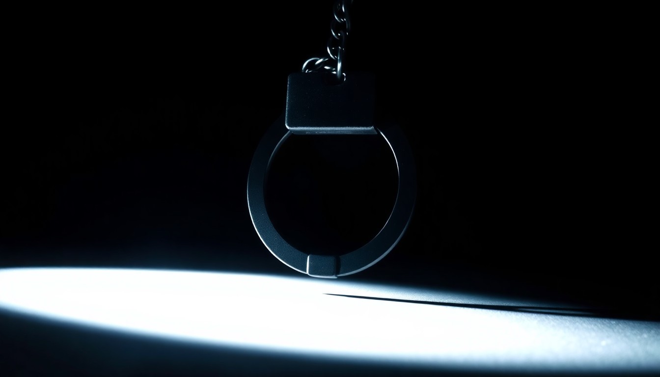 An extreme close-up photograph of a single metal handcuff, capturing the texture and reflective quality of the metal under dramatic lighting to conceptually represent the serious consequences of child pornography crimes.