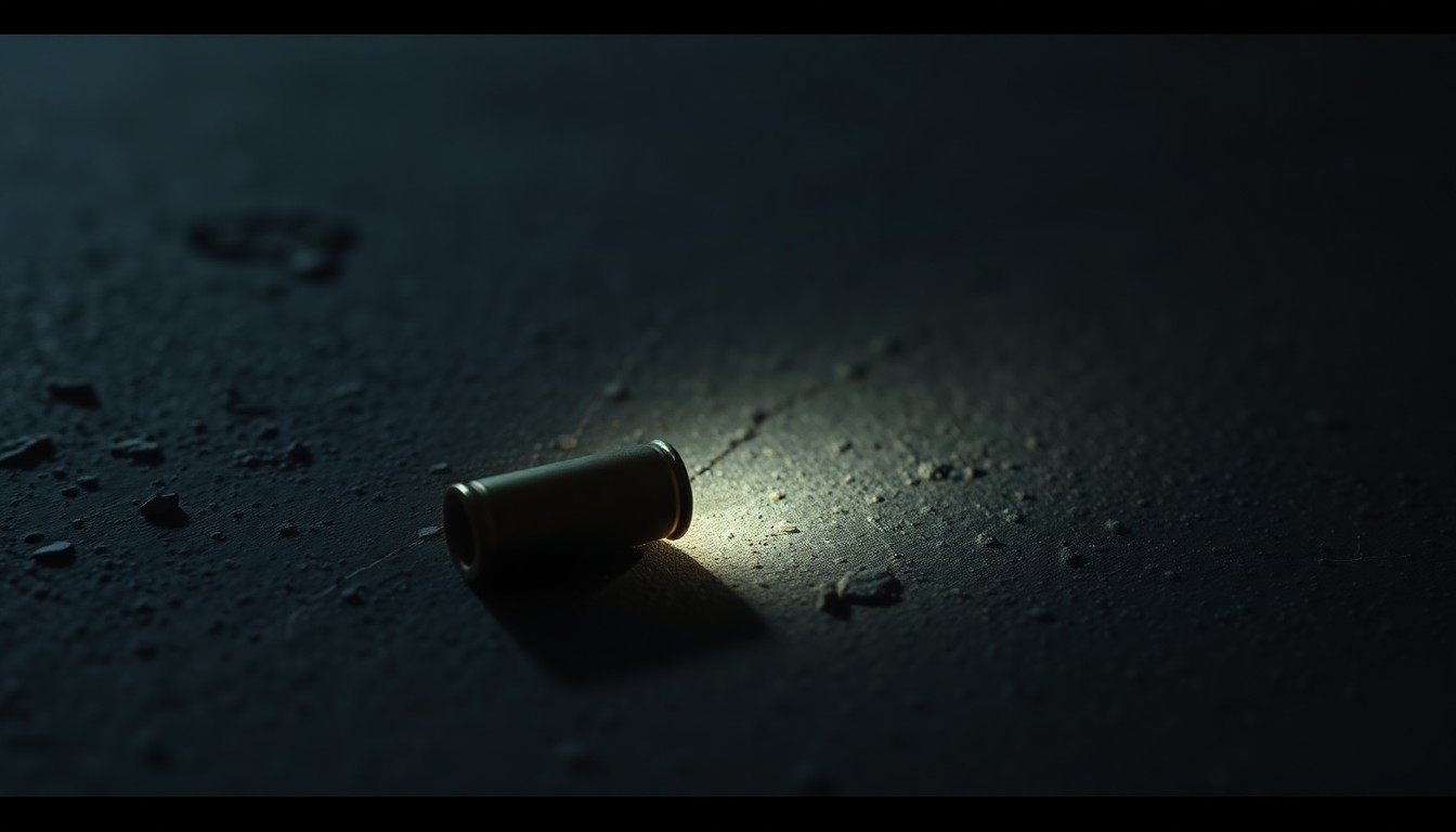An extreme close-up photograph of a single spent bullet casing on a dark concrete surface, conceptually illustrating the aftermath of a shooting incident.