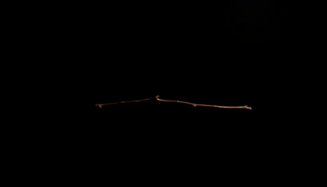 An extreme close-up photograph of a single natural object, such as a twig or rock, lit by a harsh camera flash against a pitch-black background, conceptually representing the mystery and investigation surrounding Amber French's disappearance and death.