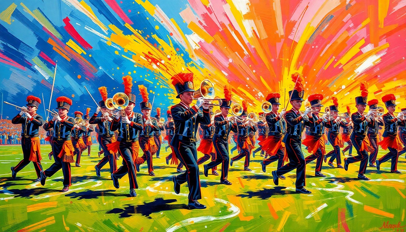 An abstract, expressionist painting in vibrant neon colors depicting the dynamic movement and energy of a high school marching band performing on a field, with no recognizable faces or identifiable elements.