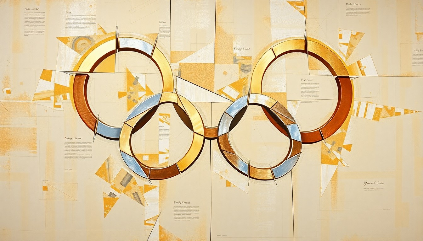 A fragmented, cubist-style illustration depicting the iconic Olympic rings symbol broken down into sharp, overlapping geometric shapes in metallic tones, conveying the excitement and anticipation surrounding the upcoming 2028 Games in Los Angeles.