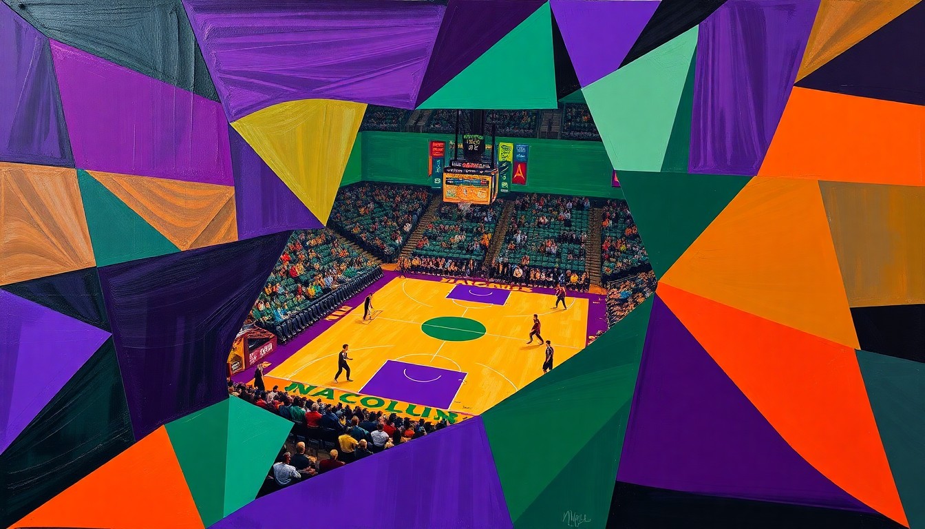 A fragmented, geometric painting depicting the dynamic movements and energy of a college basketball game, with sharp planes of color and overlapping perspectives.