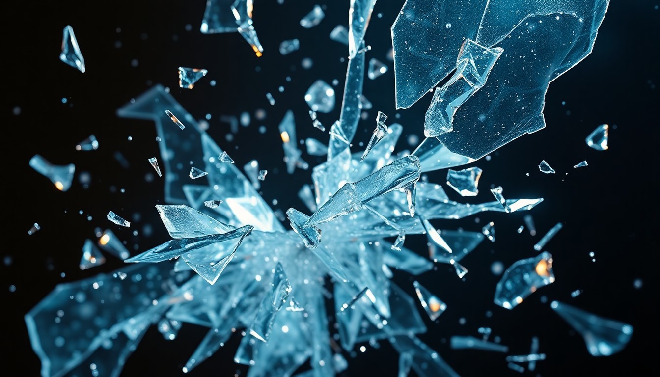 An abstract close-up photograph featuring shattered glass and glittering shards in high-contrast studio lighting, conceptually representing the fragility and trauma of Lamar Odom's personal life.
