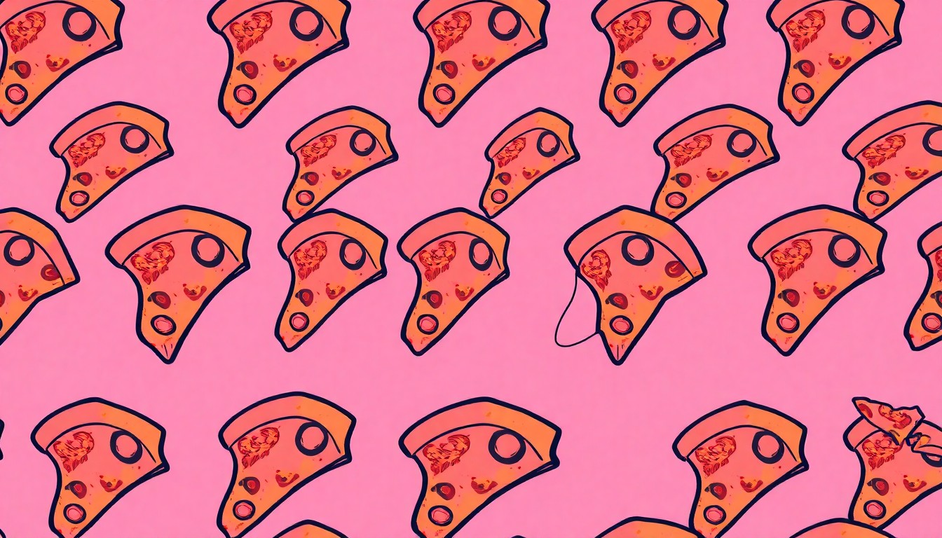 A high-contrast silkscreen print of a single Columbus-style pizza slice repeated in a grid pattern, utilizing a bold, neon color palette and heavy black outlines to transform the everyday food item into a modern pop art piece.