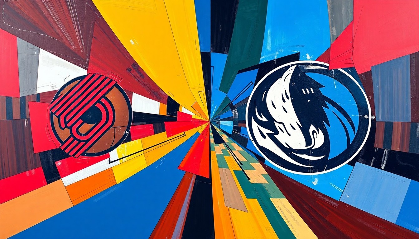 A cubist, geometric painting featuring overlapping planes of red, black, and white, representing the colors of the Portland Trail Blazers, conceptually illustrating a transition in team ownership.
